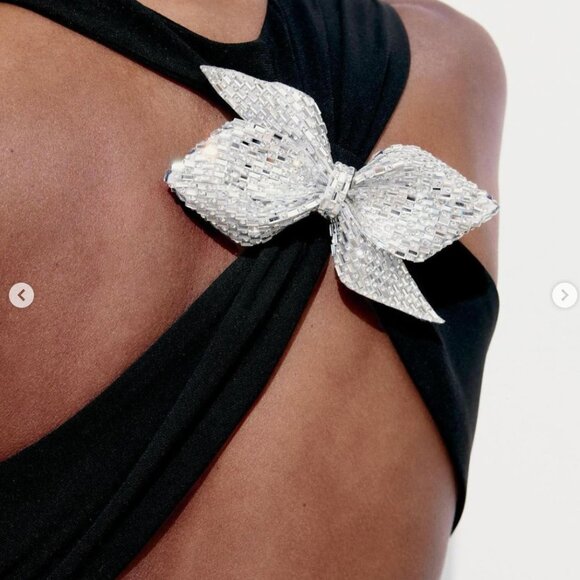 Zara Black Bodysuit Sexy Strap Back with Silver Embellished Bow Holiday XS‎ - Picture 3 of 15